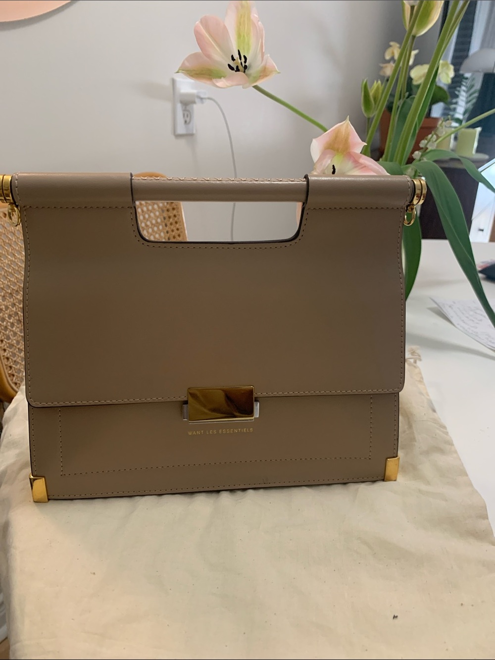 Want Les essentials Taupe Leather Top-Handle Satchel crssbody with Gold Hardware